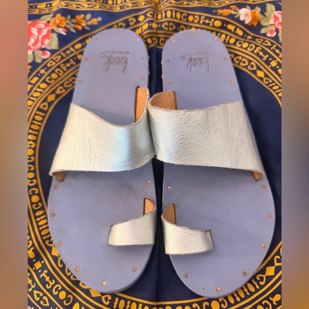 beek Lavender and Silver Leather Slide Sandals
